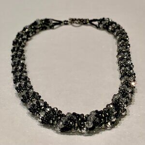 Vintage Black and Clear Crystal Seed Beaded Multi Strand Torsade Necklace 20”